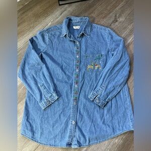 VTG Bobbie Brooks Denim Button-Up Shirt Christmas Embroidery Reindeer Sparkle L